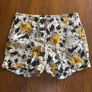 Kenar White Black Yellow Linen Blend Floral Shorts Size 8